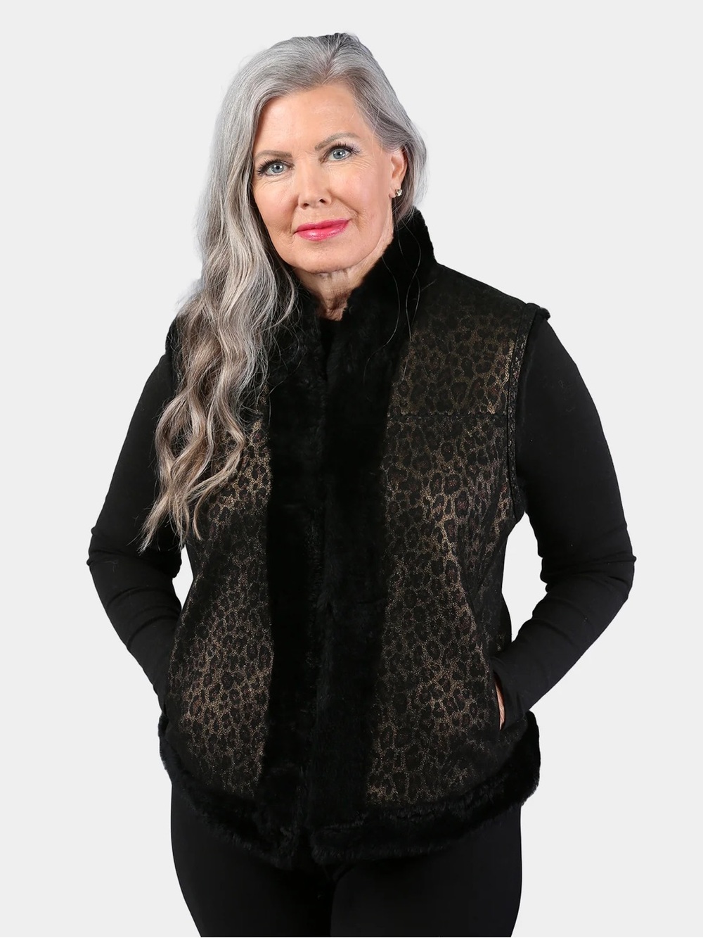 Moda Italia Real Fur Lined Animal Print Shearling Vest - Black/Brown Small